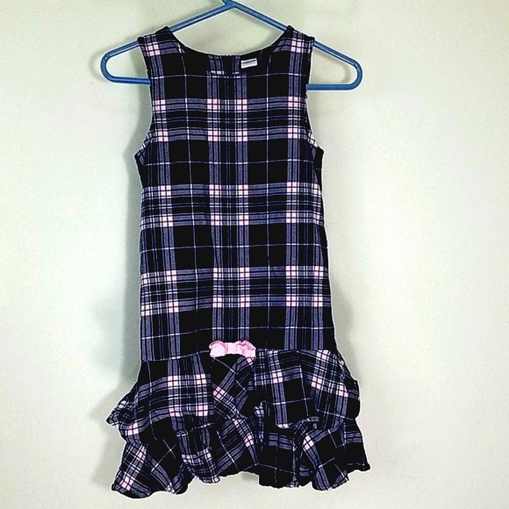 Gymboree Dress romper plaid ruffle navy pink MIDI drop waist bow